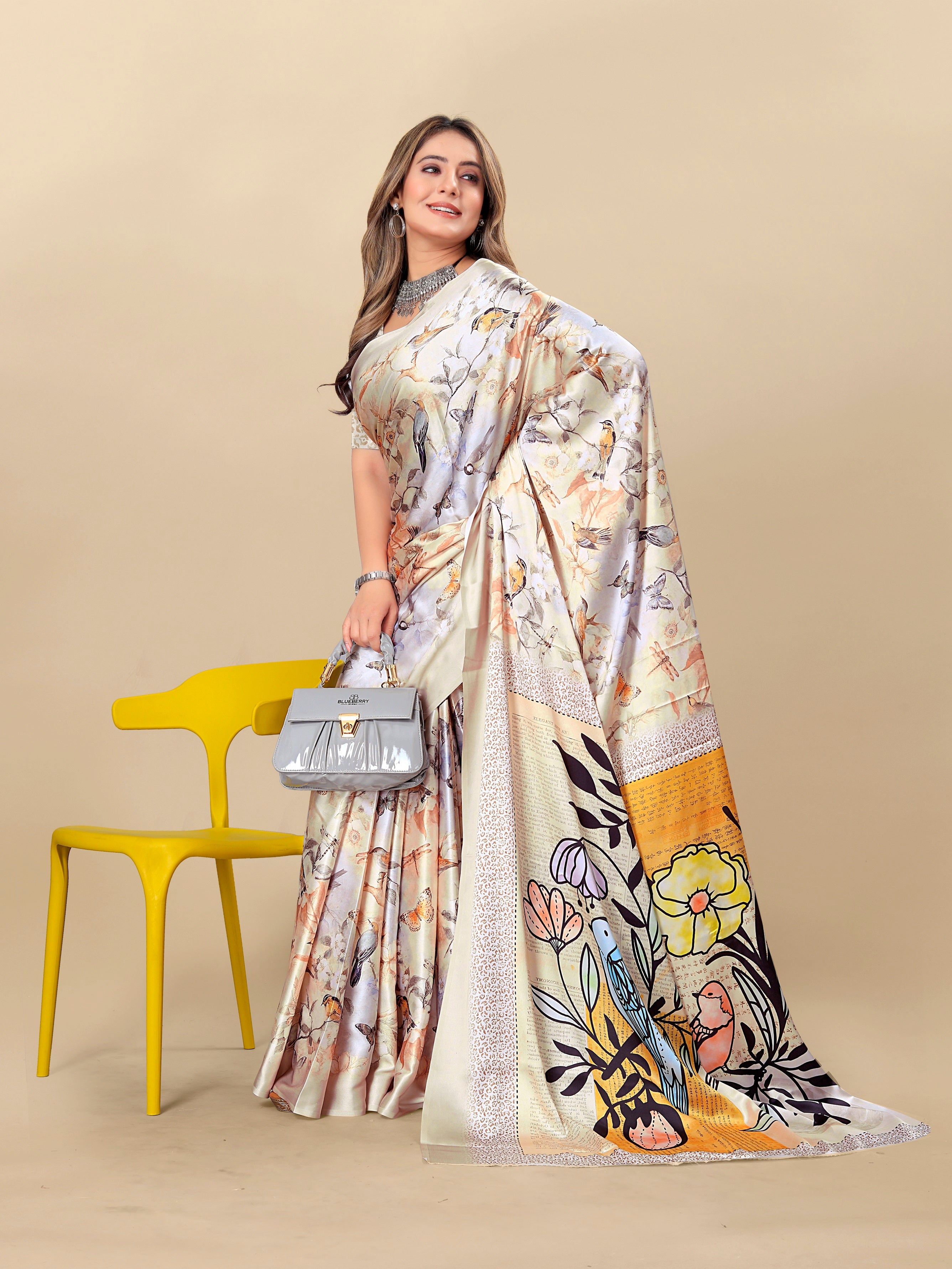 Vedant Vastram Digital Print Japan Satin Silk Party Wear Saree with Unstitched Blouse Piece - Cream | Grocsy