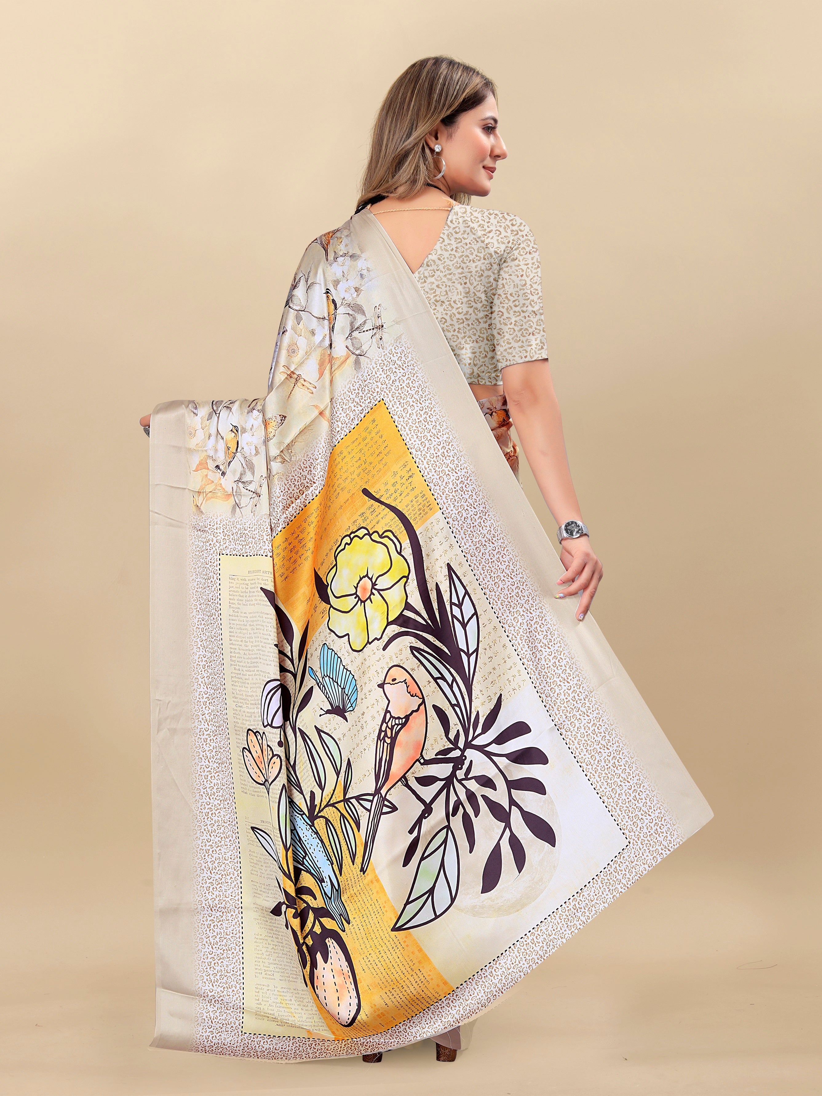 Vedant Vastram Digital Print Japan Satin Silk Party Wear Saree with Unstitched Blouse Piece - Cream | Grocsy
