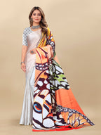 Vedant Vastram Digital Print Japan Satin Silk Party Wear Saree with Unstitched Blouse Piece - Off White | Grocsy