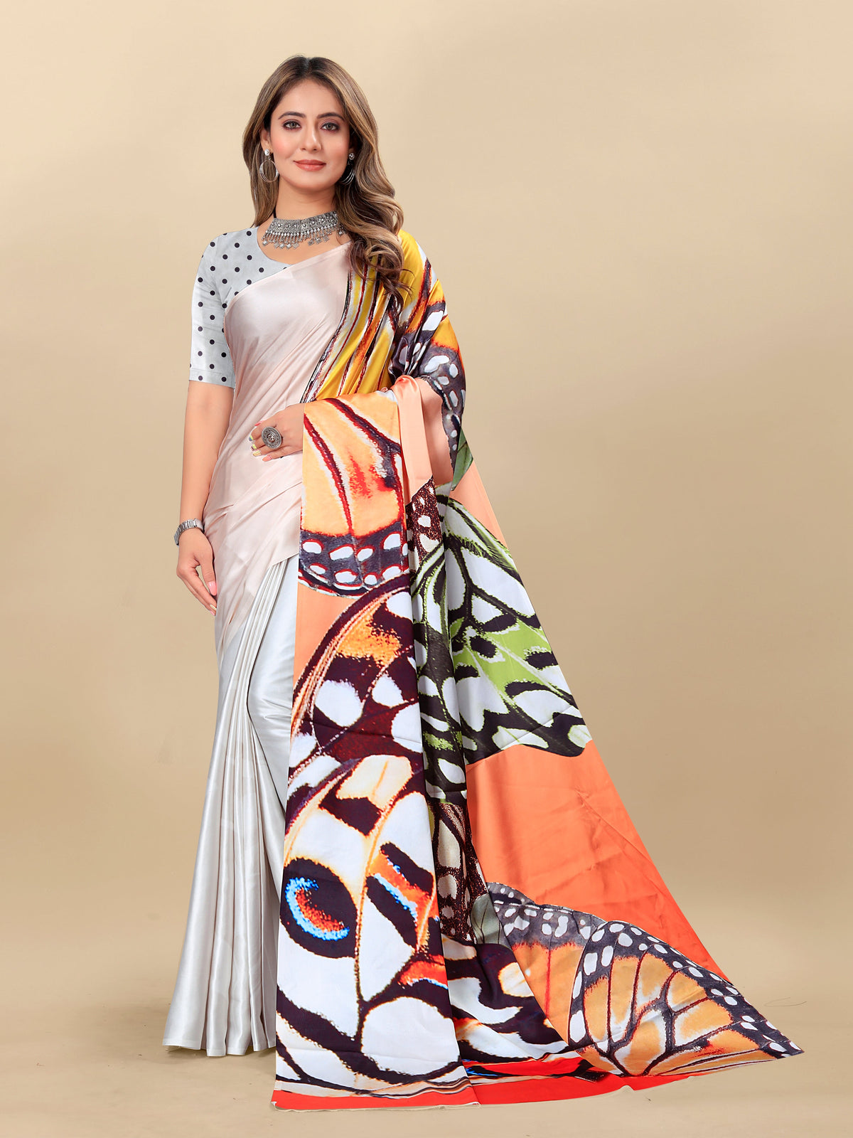 Vedant Vastram Digital Print Japan Satin Silk Party Wear Saree with Unstitched Blouse Piece - Off White | Grocsy