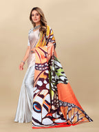 Vedant Vastram Digital Print Japan Satin Silk Party Wear Saree with Unstitched Blouse Piece - Off White | Grocsy
