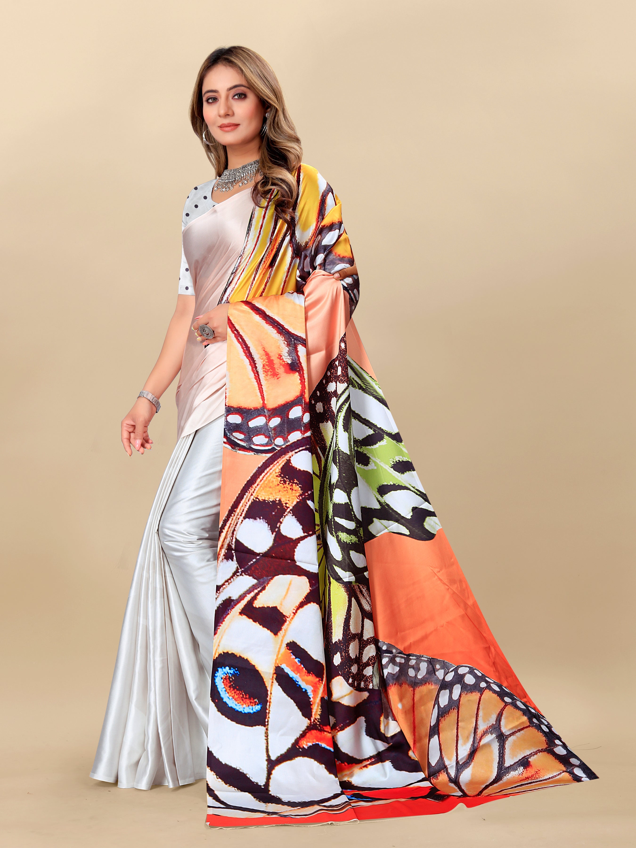 Vedant Vastram Digital Print Japan Satin Silk Party Wear Saree with Unstitched Blouse Piece - Off White | Grocsy