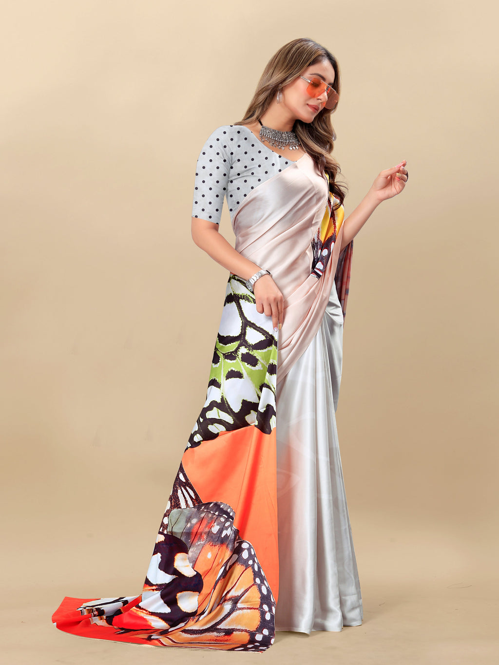 Vedant Vastram Digital Print Japan Satin Silk Party Wear Saree with Unstitched Blouse Piece - Off White | Grocsy