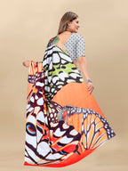 Vedant Vastram Digital Print Japan Satin Silk Party Wear Saree with Unstitched Blouse Piece - Off White | Grocsy