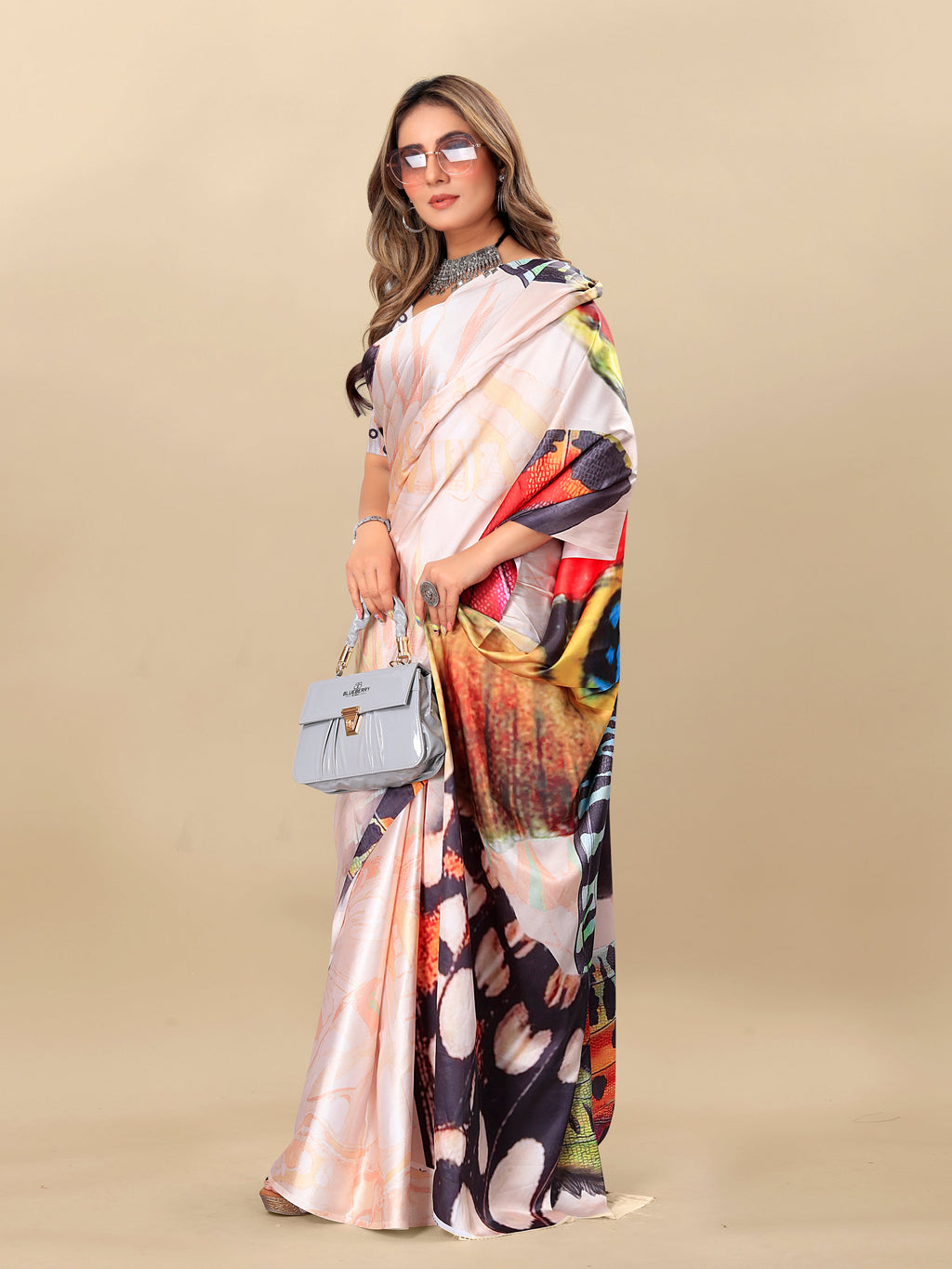 Vedant Vastram Digital Print Japan Satin Silk Party Wear Saree with Unstitched Blouse Piece - Multi Color | Grocsy