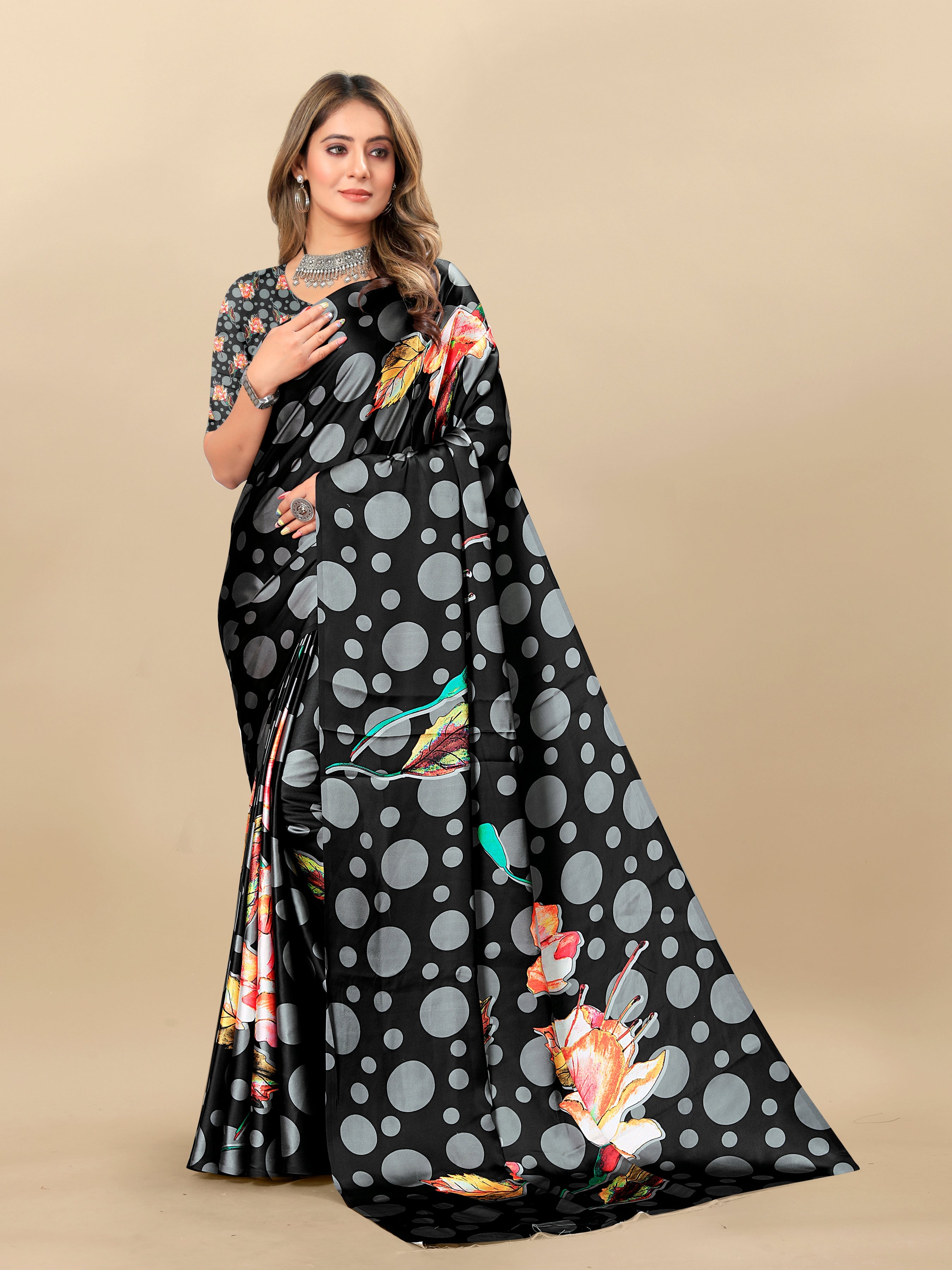 Vedant Vastram Digital Print Japan Satin Silk Party Wear Saree with Unstitched Blouse Piece - Black | Grocsy