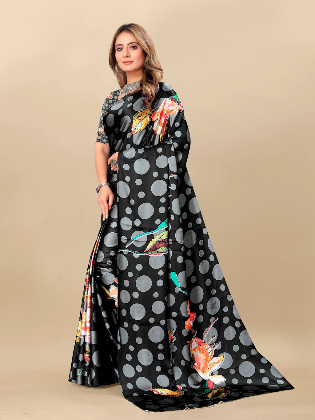 Vedant Vastram Digital Print Japan Satin Silk Party Wear Saree with Unstitched Blouse Piece - Black | Grocsy