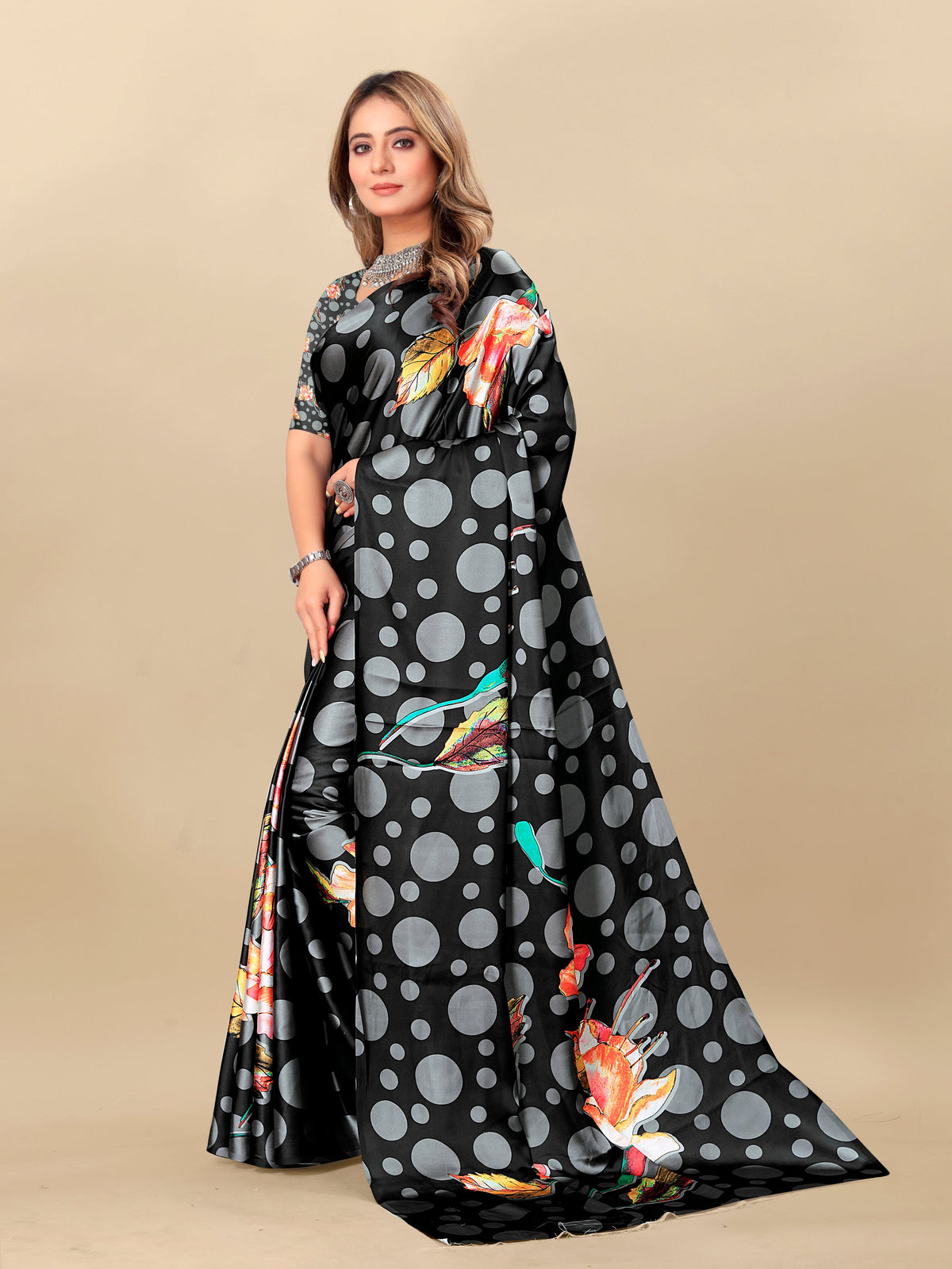 Vedant Vastram Digital Print Japan Satin Silk Party Wear Saree with Unstitched Blouse Piece - Black | Grocsy