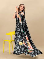 Vedant Vastram Digital Print Japan Satin Silk Party Wear Saree with Unstitched Blouse Piece - Black | Grocsy