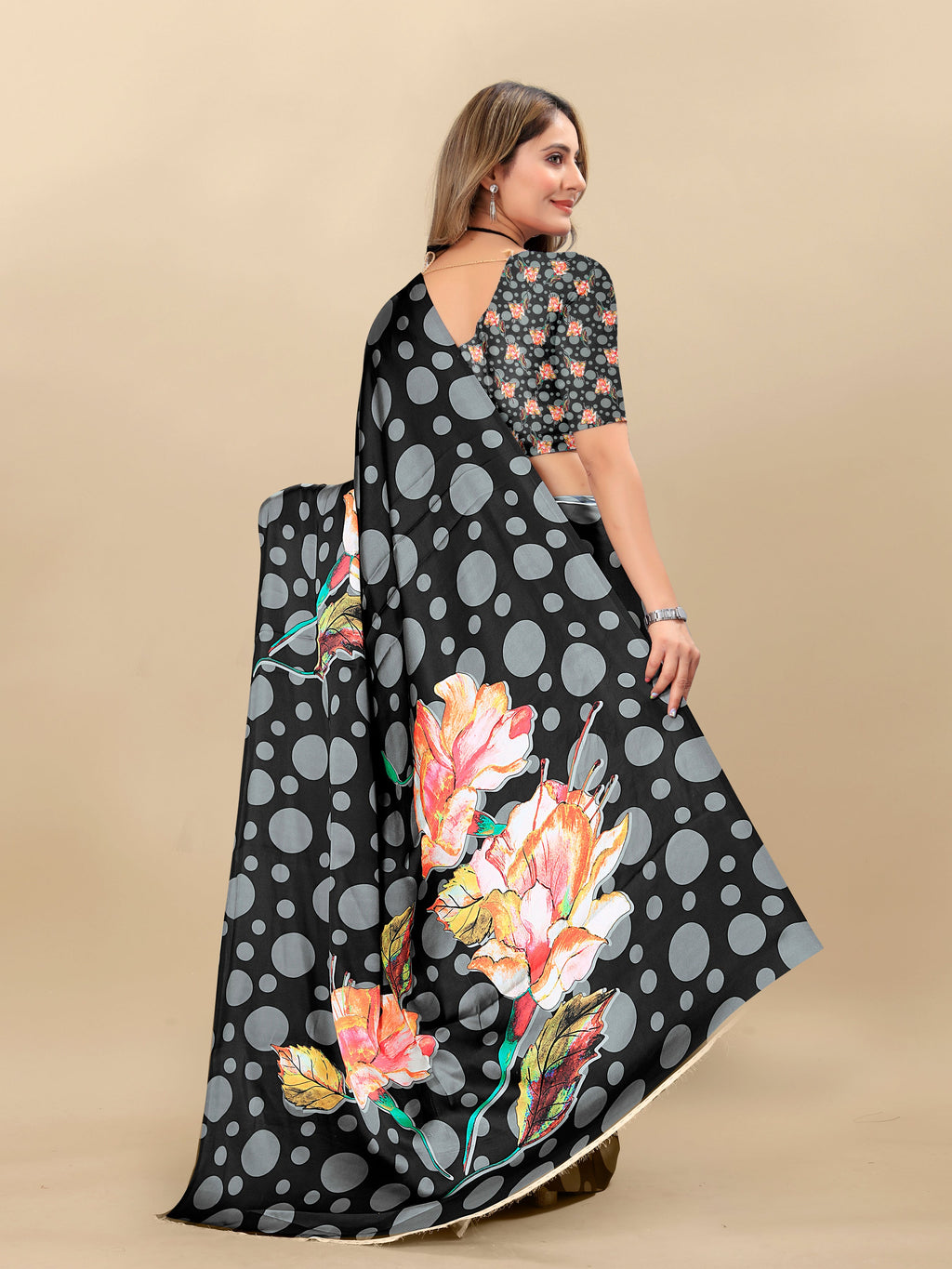 Vedant Vastram Digital Print Japan Satin Silk Party Wear Saree with Unstitched Blouse Piece - Black | Grocsy