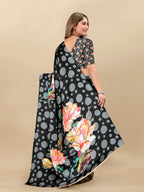 Vedant Vastram Digital Print Japan Satin Silk Party Wear Saree with Unstitched Blouse Piece - Black | Grocsy