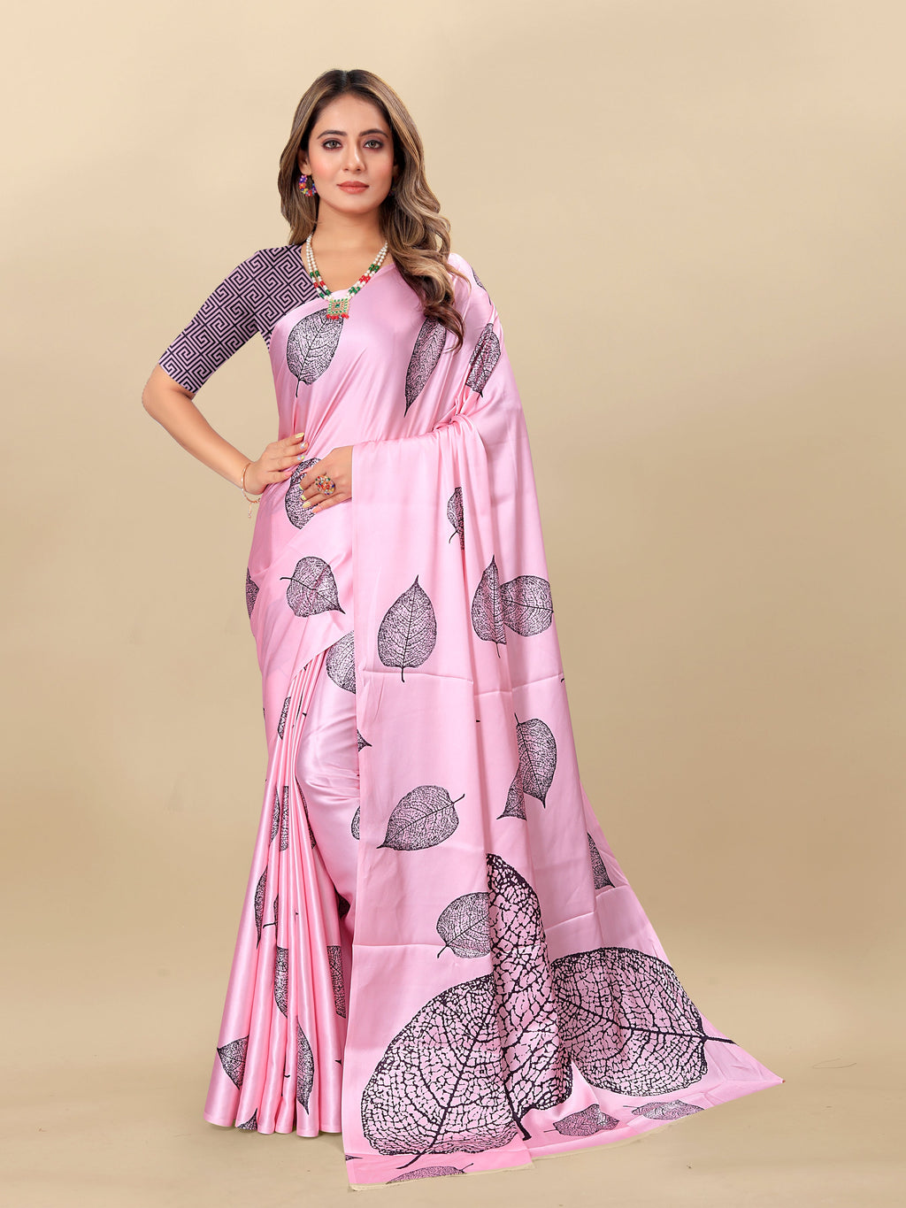 Vedant Vastram Digital Print Japan Satin Silk Party Wear Saree with Unstitched Blouse Piece - Pink | Grocsy