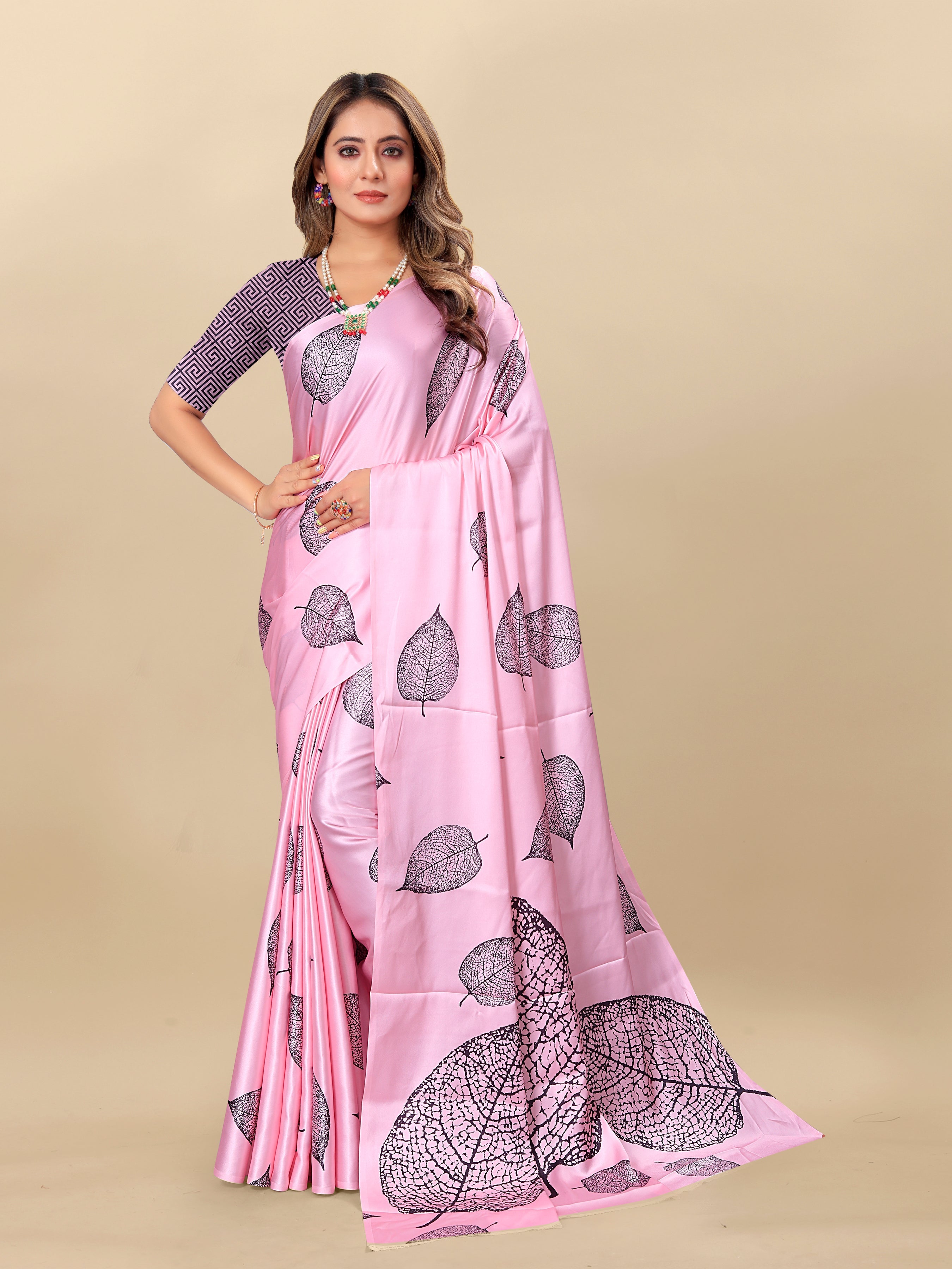Vedant Vastram Digital Print Japan Satin Silk Party Wear Saree with Unstitched Blouse Piece - Pink | Grocsy