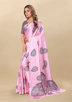 Vedant Vastram Digital Print Japan Satin Silk Party Wear Saree with Unstitched Blouse Piece - Pink | Grocsy