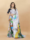 Vedant Vastram Digital Print Japan Satin Silk Party Wear Saree with Unstitched Blouse Piece - Off White | Grocsy