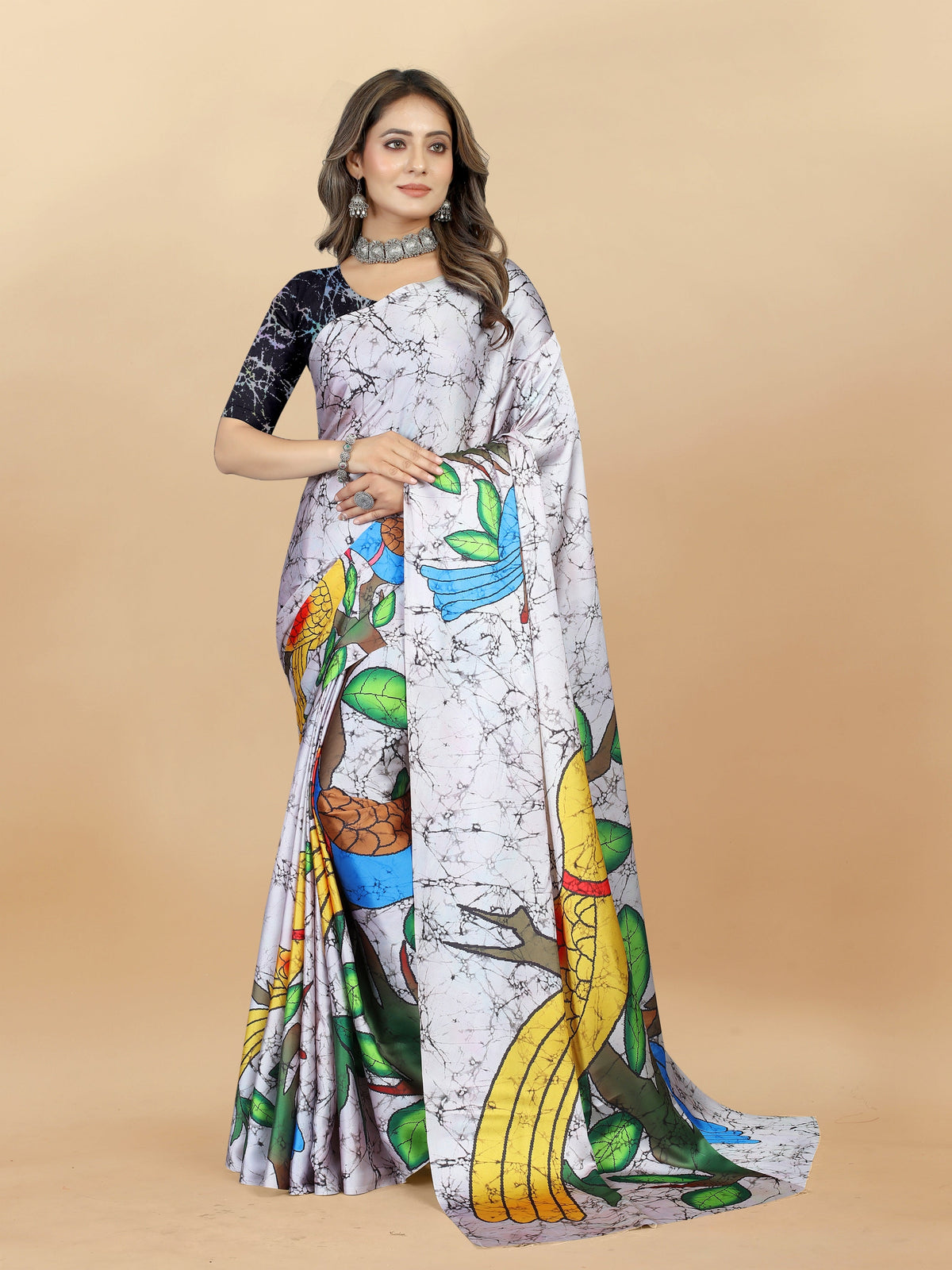 Vedant Vastram Digital Print Japan Satin Silk Party Wear Saree with Unstitched Blouse Piece - Off White | Grocsy
