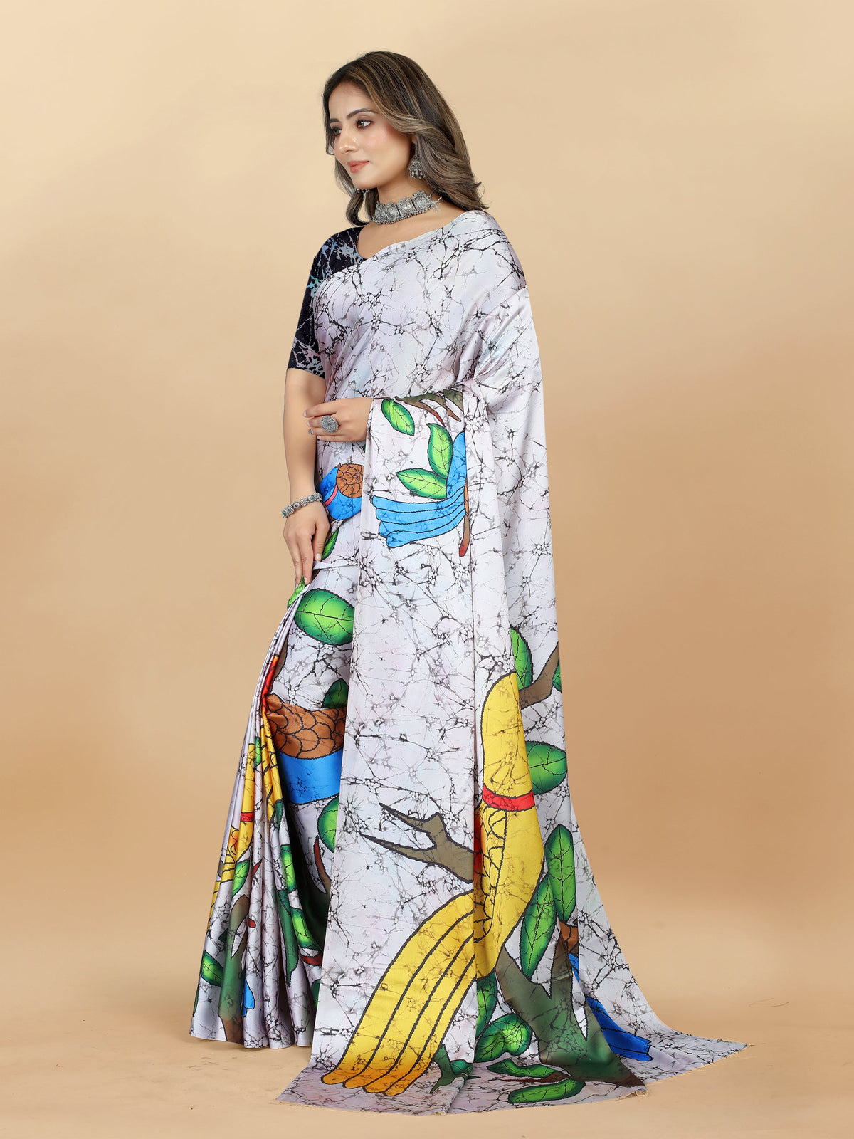 Vedant Vastram Digital Print Japan Satin Silk Party Wear Saree with Unstitched Blouse Piece - Off White | Grocsy