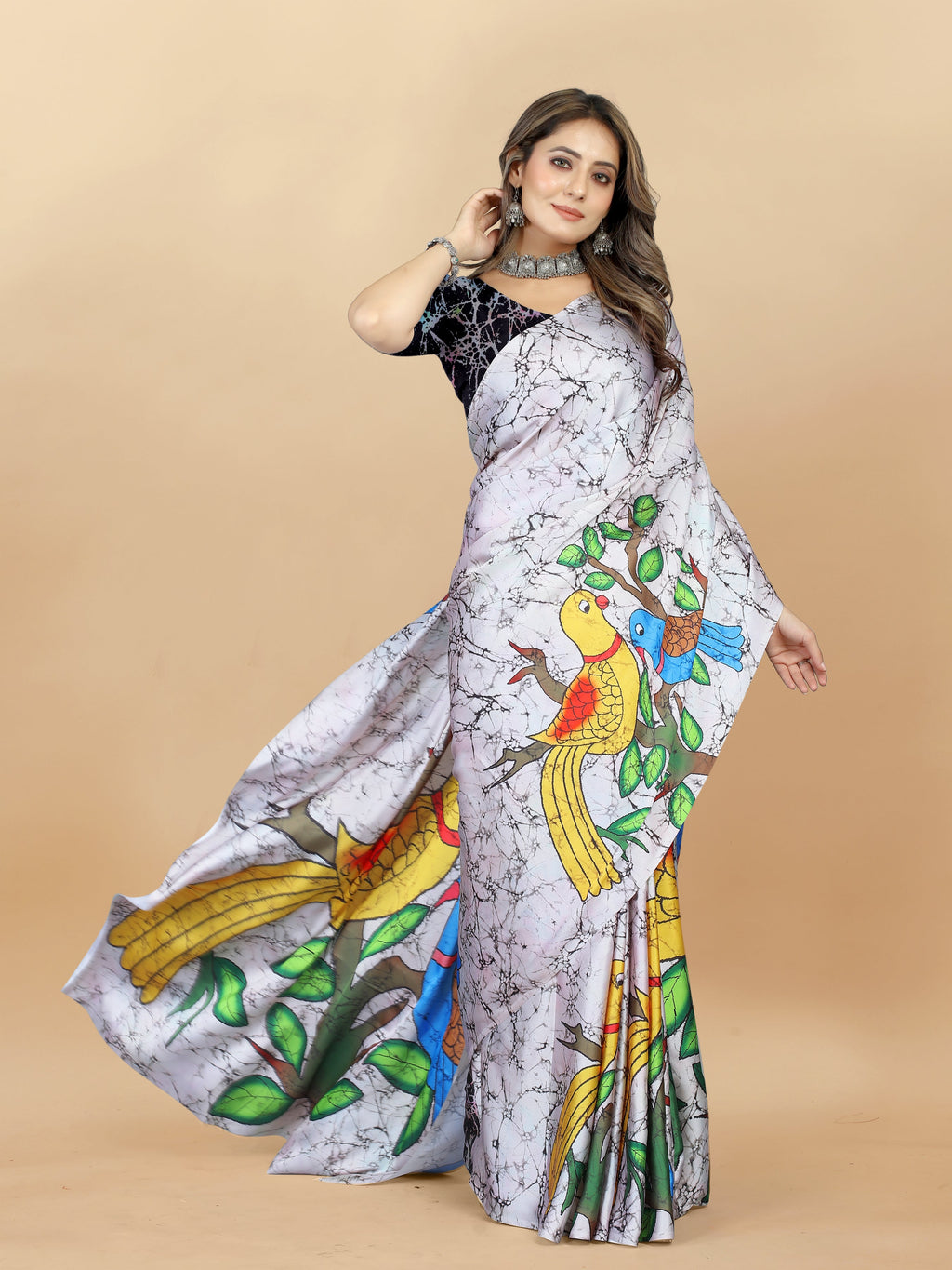 Vedant Vastram Digital Print Japan Satin Silk Party Wear Saree with Unstitched Blouse Piece - Off White | Grocsy