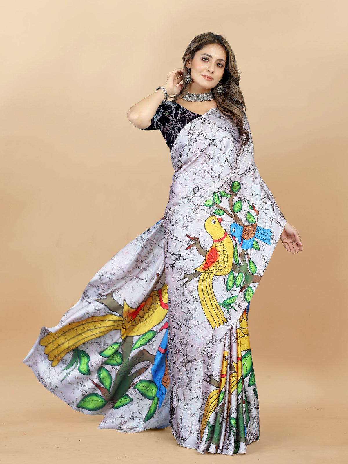 Vedant Vastram Digital Print Japan Satin Silk Party Wear Saree with Unstitched Blouse Piece - Off White | Grocsy