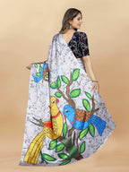 Vedant Vastram Digital Print Japan Satin Silk Party Wear Saree with Unstitched Blouse Piece - Off White | Grocsy