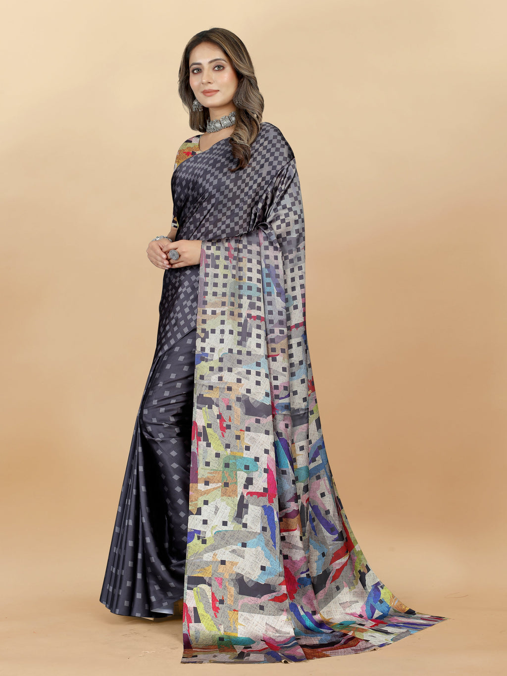 Vedant Vastram Digital Print Japan Satin Silk Party Wear Saree with Unstitched Blouse Piece - Grey | Grocsy