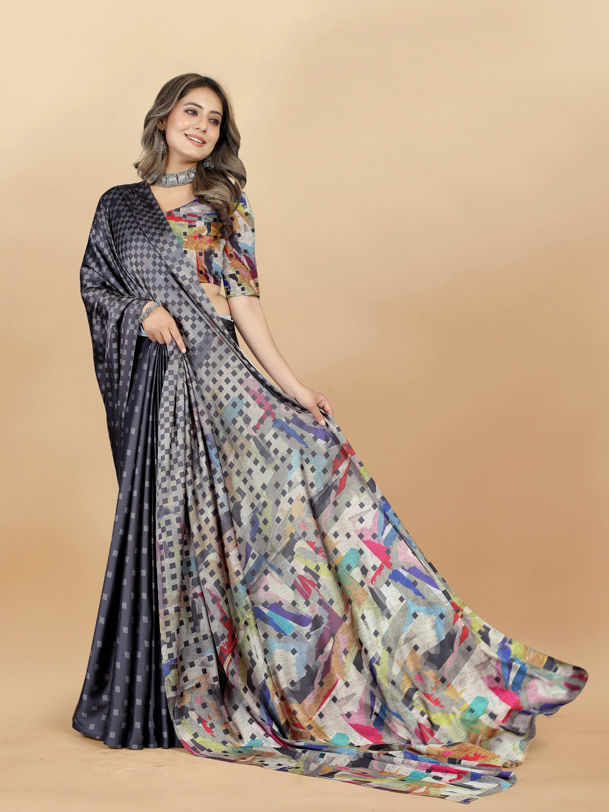 Vedant Vastram Digital Print Japan Satin Silk Party Wear Saree with Unstitched Blouse Piece - Grey | Grocsy