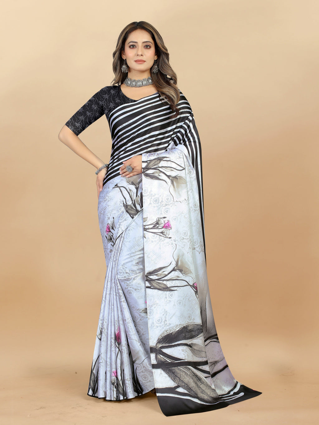 Vedant Vastram Digital Print Japan Satin Silk Party Wear Saree with Unstitched Blouse Piece - White | Grocsy