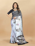 Vedant Vastram Digital Print Japan Satin Silk Party Wear Saree with Unstitched Blouse Piece - White | Grocsy
