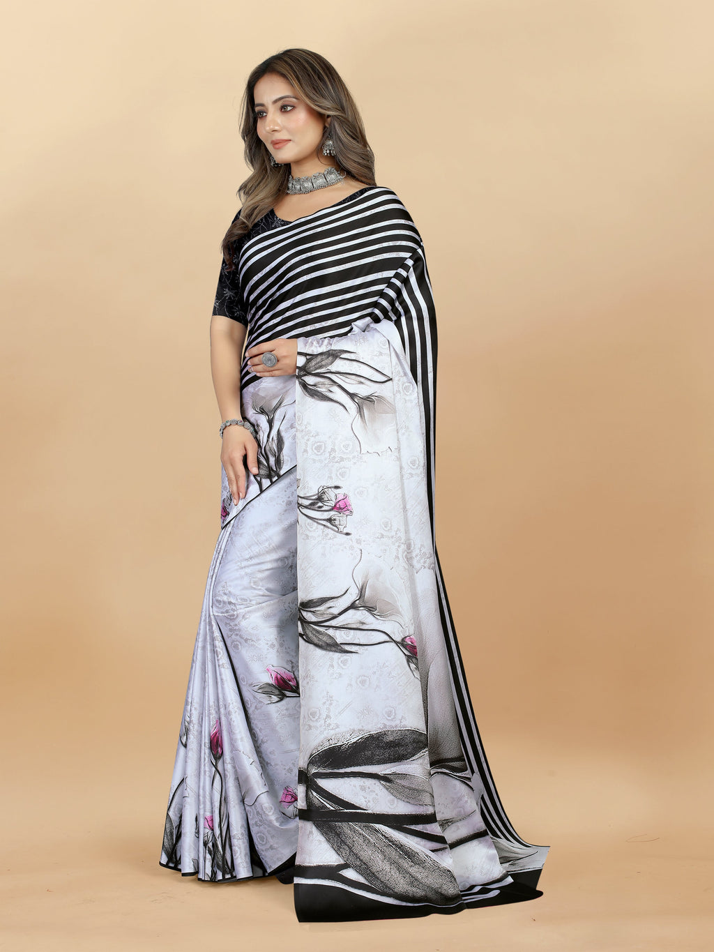 Vedant Vastram Digital Print Japan Satin Silk Party Wear Saree with Unstitched Blouse Piece - White | Grocsy