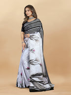 Vedant Vastram Digital Print Japan Satin Silk Party Wear Saree with Unstitched Blouse Piece - White | Grocsy