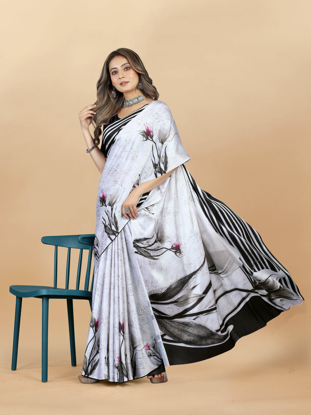 Vedant Vastram Digital Print Japan Satin Silk Party Wear Saree with Unstitched Blouse Piece - White | Grocsy