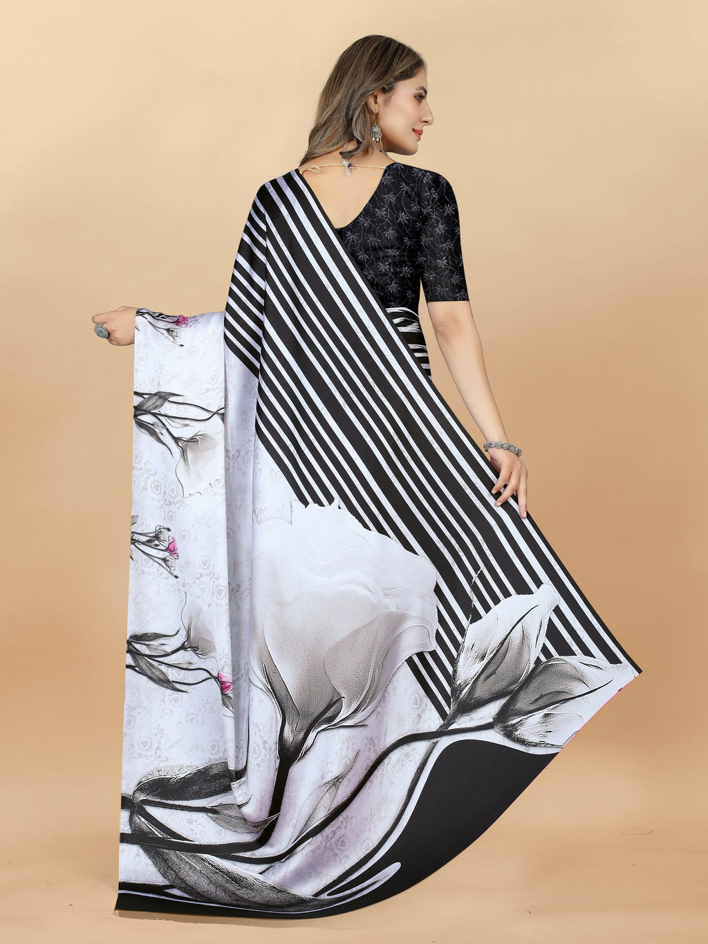 Vedant Vastram Digital Print Japan Satin Silk Party Wear Saree with Unstitched Blouse Piece - White | Grocsy