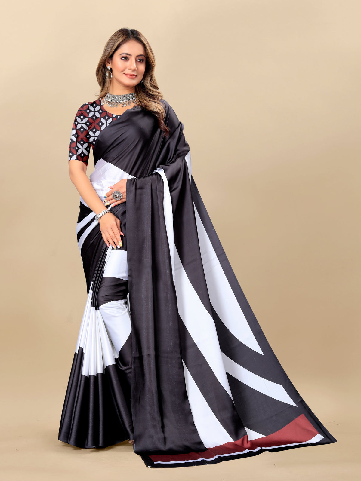Vedant Vastram Digital Print Japan Satin Silk Party Wear Saree with Unstitched Blouse Piece - Black | Grocsy