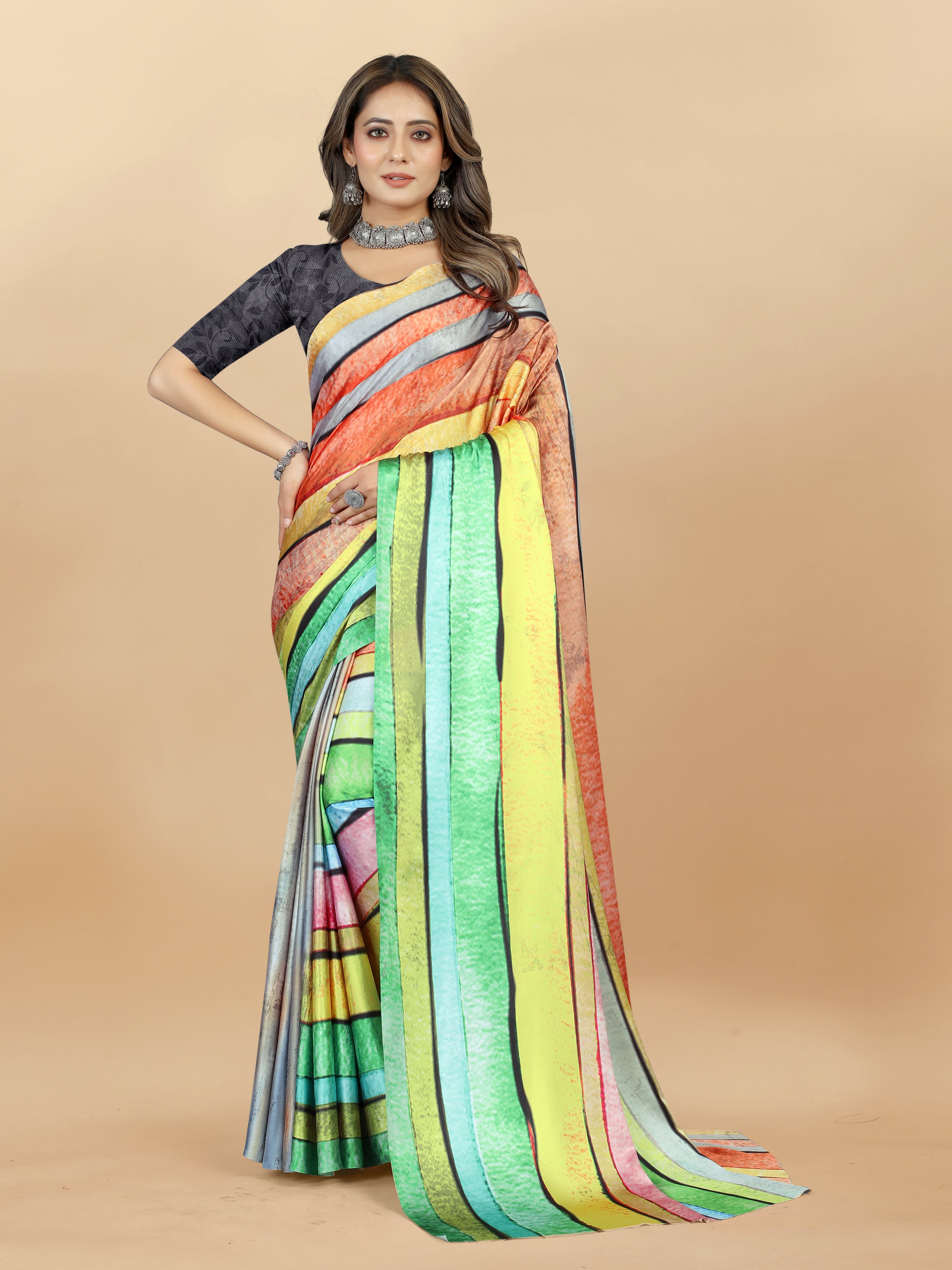 Vedant Vastram Digital Print Japan Satin Silk Party Wear Saree with Unstitched Blouse Piece - Parrot | Grocsy
