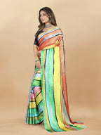Vedant Vastram Digital Print Japan Satin Silk Party Wear Saree with Unstitched Blouse Piece - Parrot | Grocsy