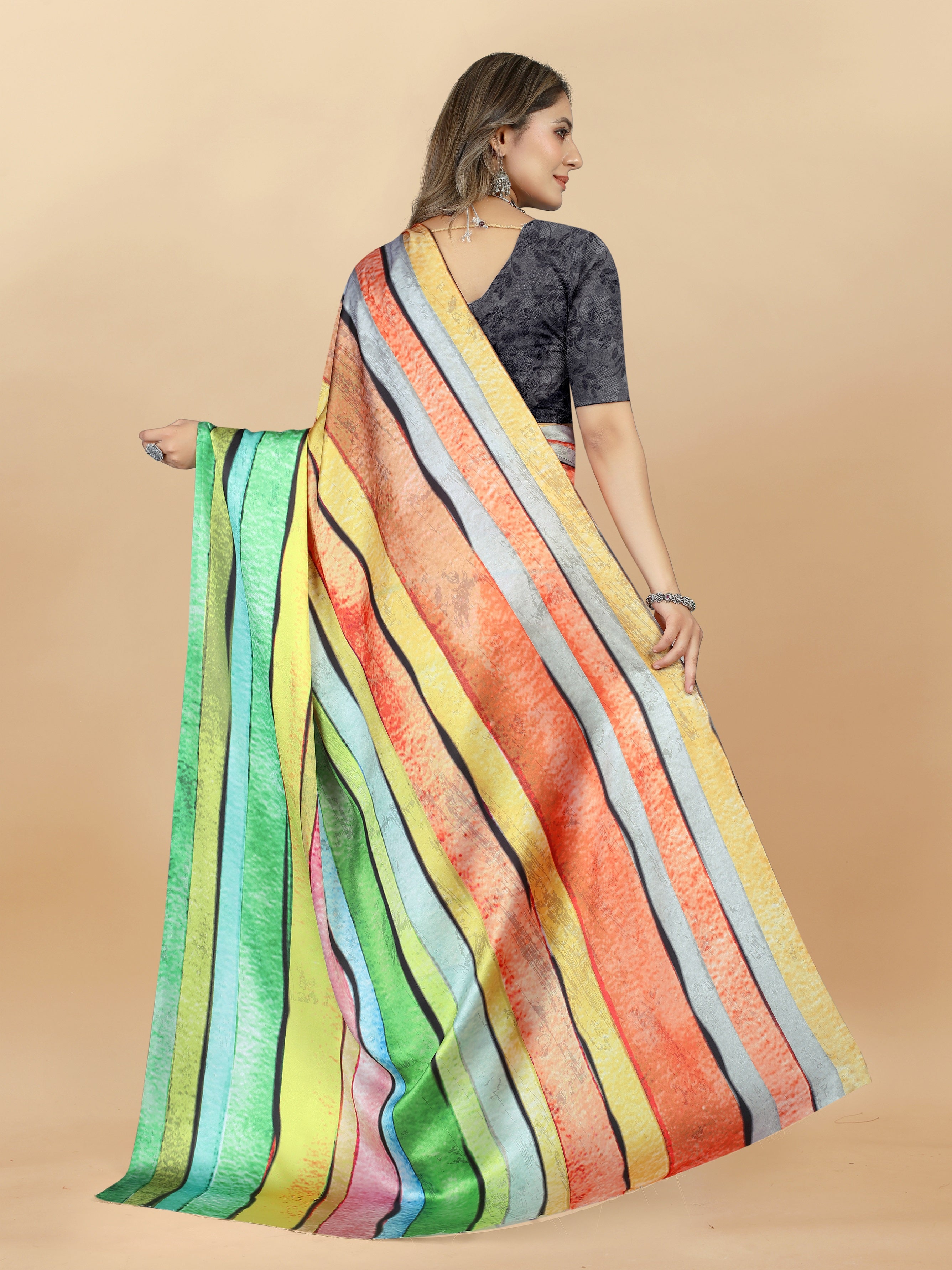 Vedant Vastram Digital Print Japan Satin Silk Party Wear Saree with Unstitched Blouse Piece - Parrot | Grocsy