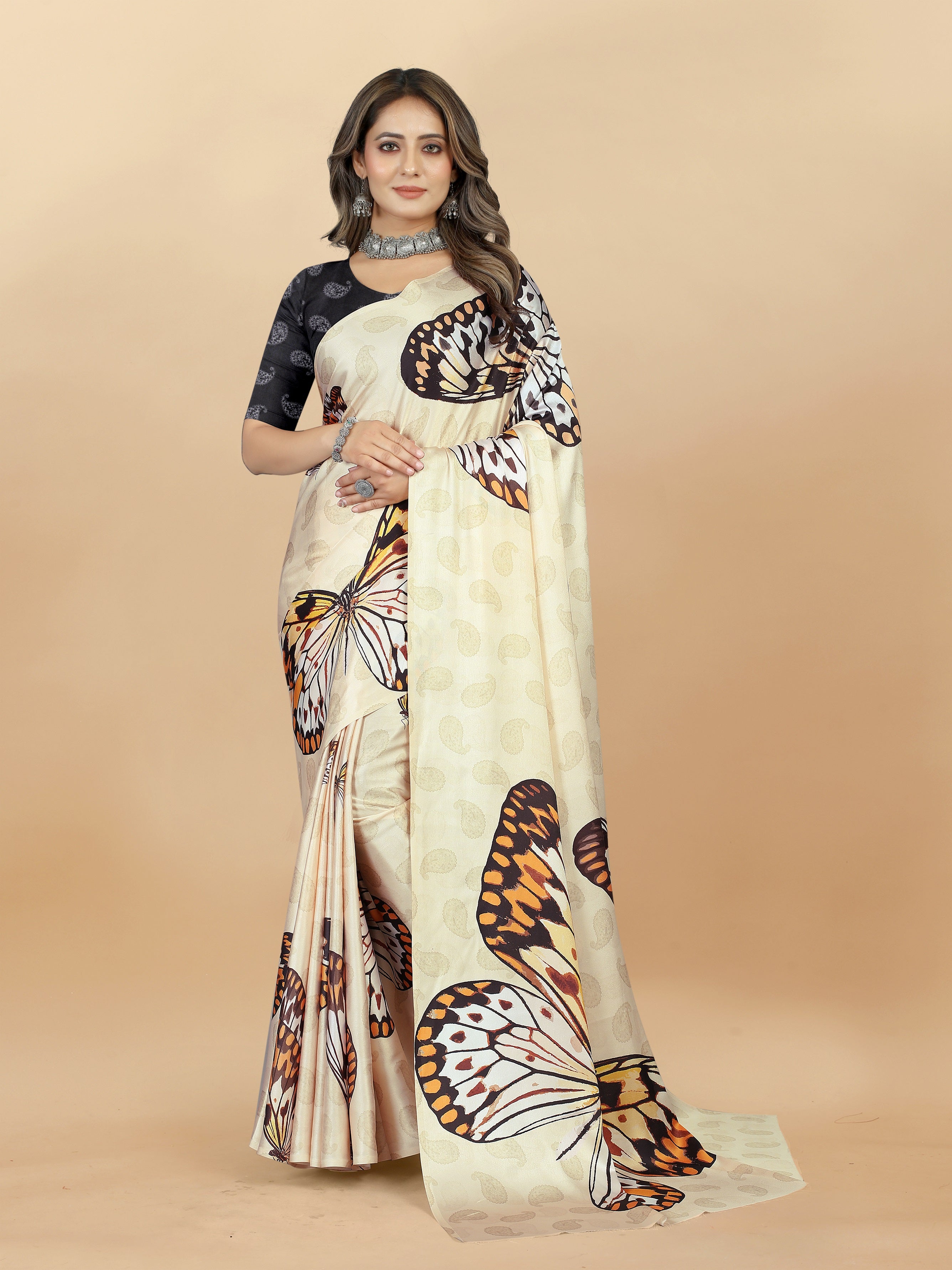 Vedant Vastram Digital Print Japan Satin Silk Party Wear Saree with Unstitched Blouse Piece - Cream | Grocsy