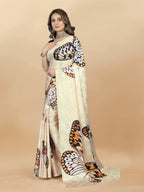 Vedant Vastram Digital Print Japan Satin Silk Party Wear Saree with Unstitched Blouse Piece - Cream | Grocsy