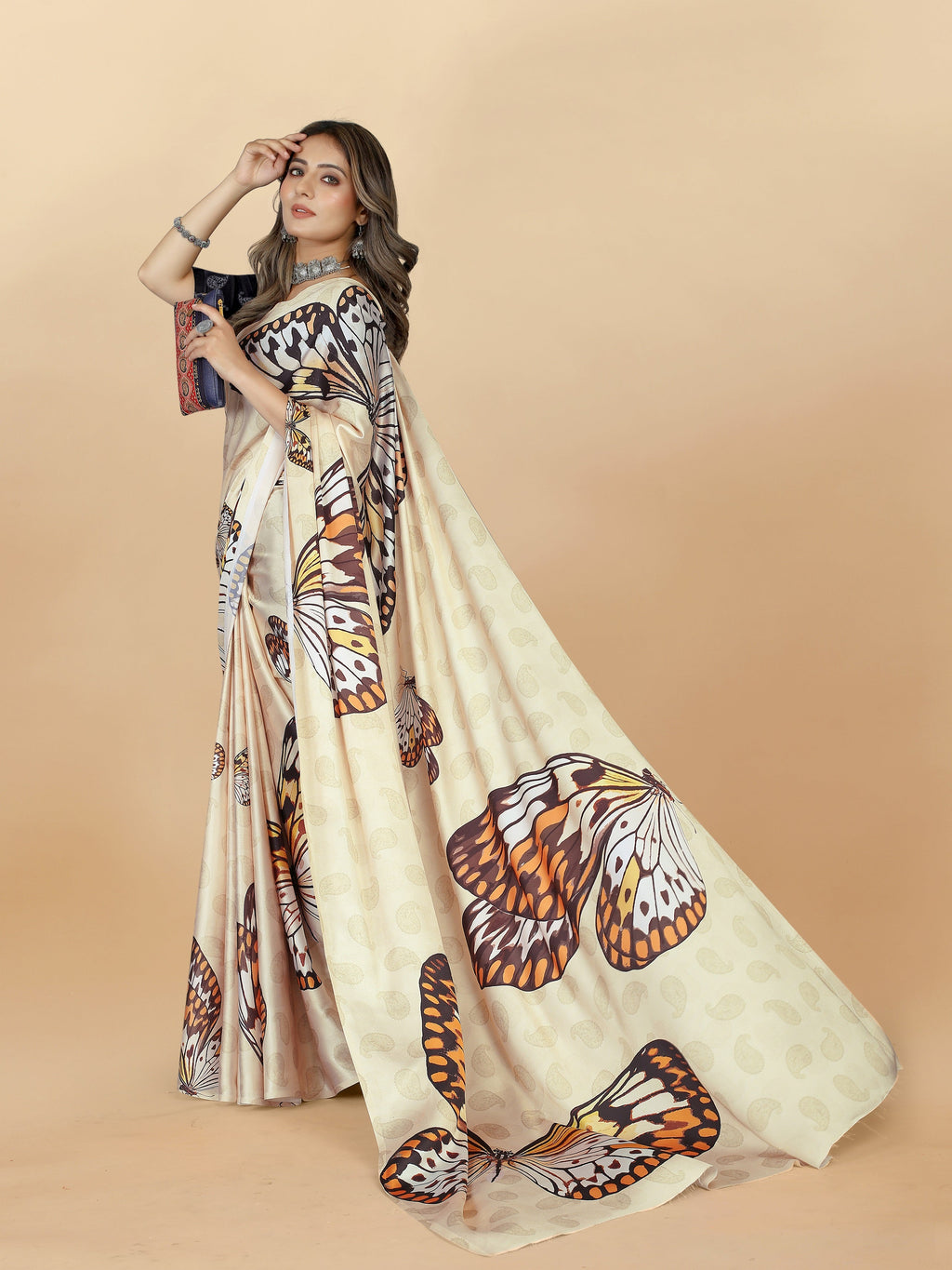 Vedant Vastram Digital Print Japan Satin Silk Party Wear Saree with Unstitched Blouse Piece - Cream | Grocsy
