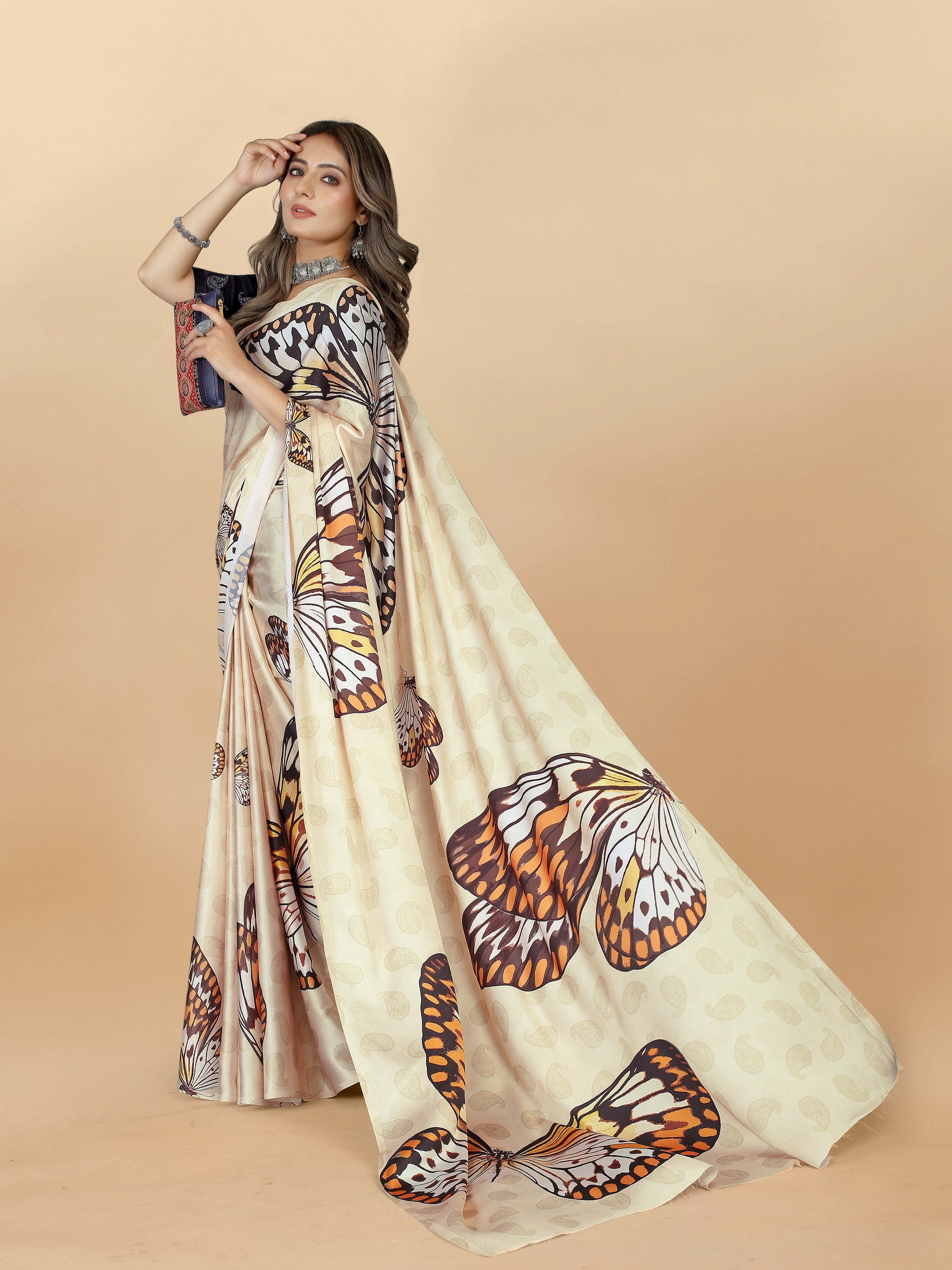 Vedant Vastram Digital Print Japan Satin Silk Party Wear Saree with Unstitched Blouse Piece - Cream | Grocsy