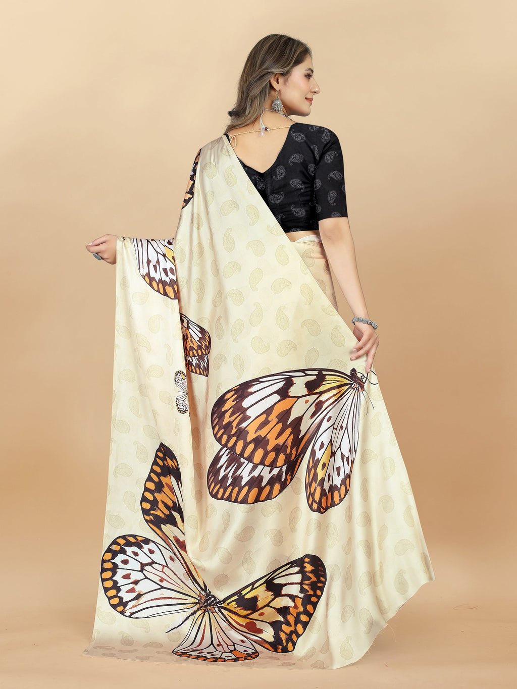 Vedant Vastram Digital Print Japan Satin Silk Party Wear Saree with Unstitched Blouse Piece - Cream | Grocsy