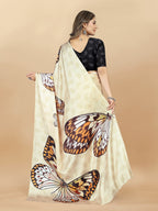 Vedant Vastram Digital Print Japan Satin Silk Party Wear Saree with Unstitched Blouse Piece - Cream | Grocsy