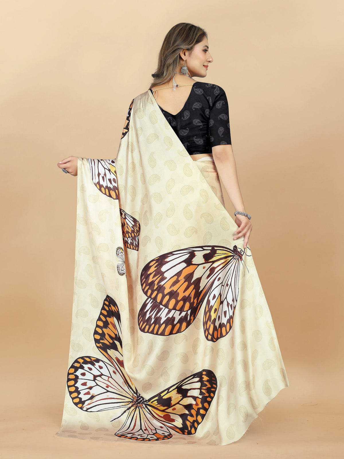 Vedant Vastram Digital Print Japan Satin Silk Party Wear Saree with Unstitched Blouse Piece - Cream | Grocsy