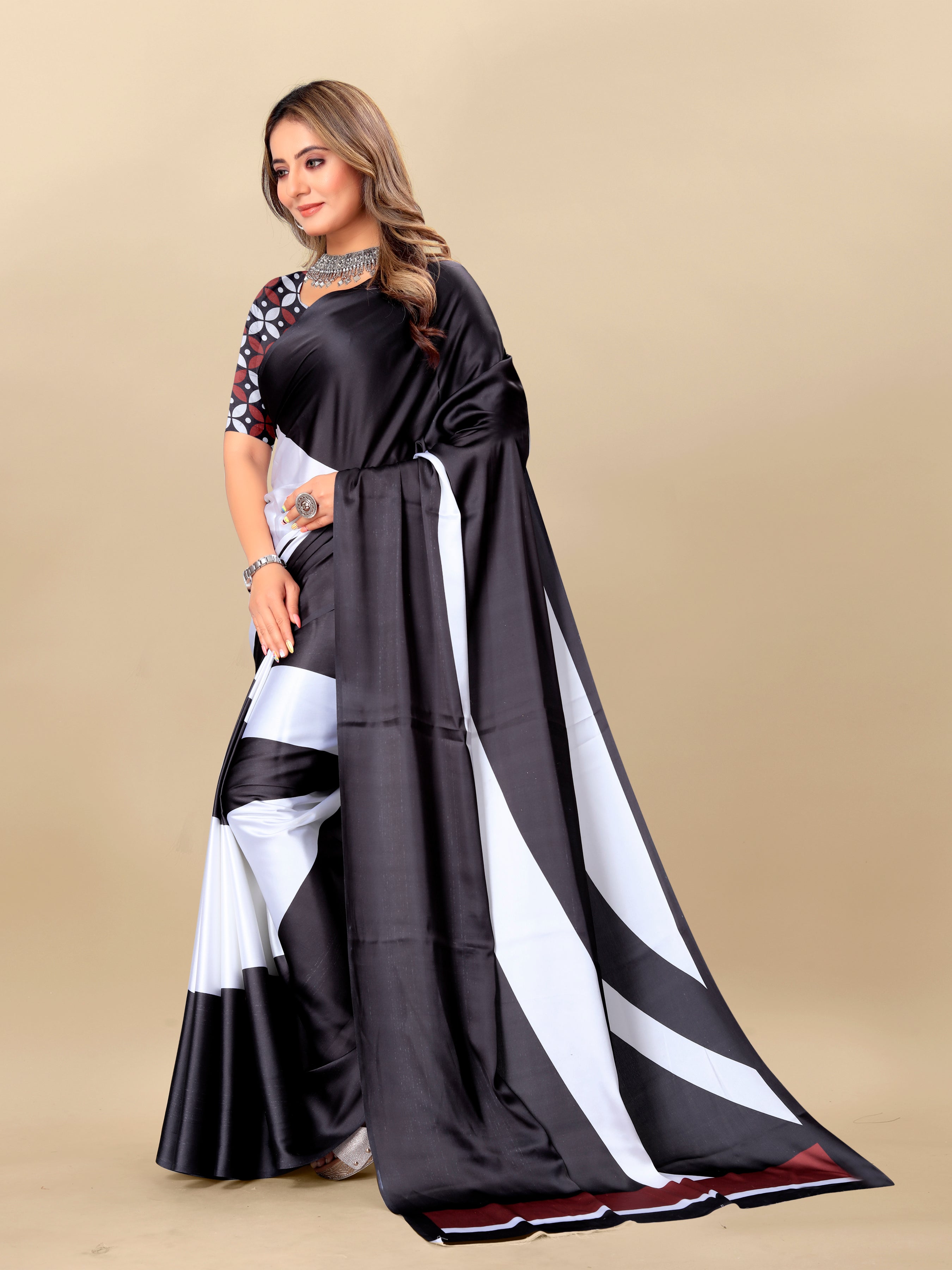 Vedant Vastram Digital Print Japan Satin Silk Party Wear Saree with Unstitched Blouse Piece - Black | Grocsy