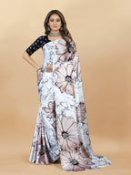 Vedant Vastram Digital Print Japan Satin Silk Party Wear Saree with Unstitched Blouse Piece - White | Grocsy