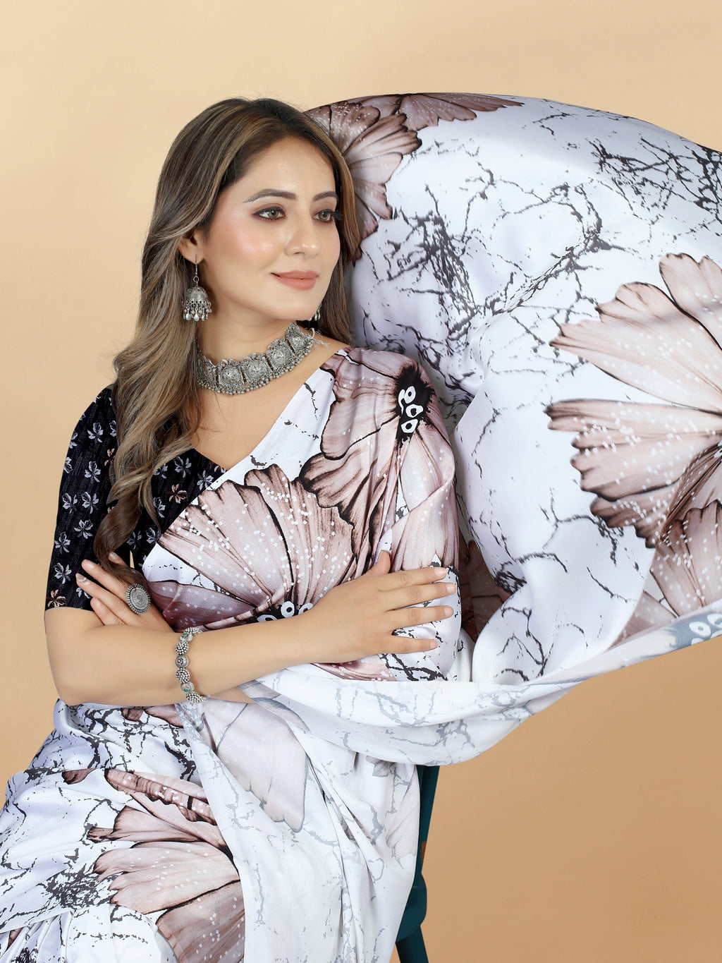 Vedant Vastram Digital Print Japan Satin Silk Party Wear Saree with Unstitched Blouse Piece - White | Grocsy
