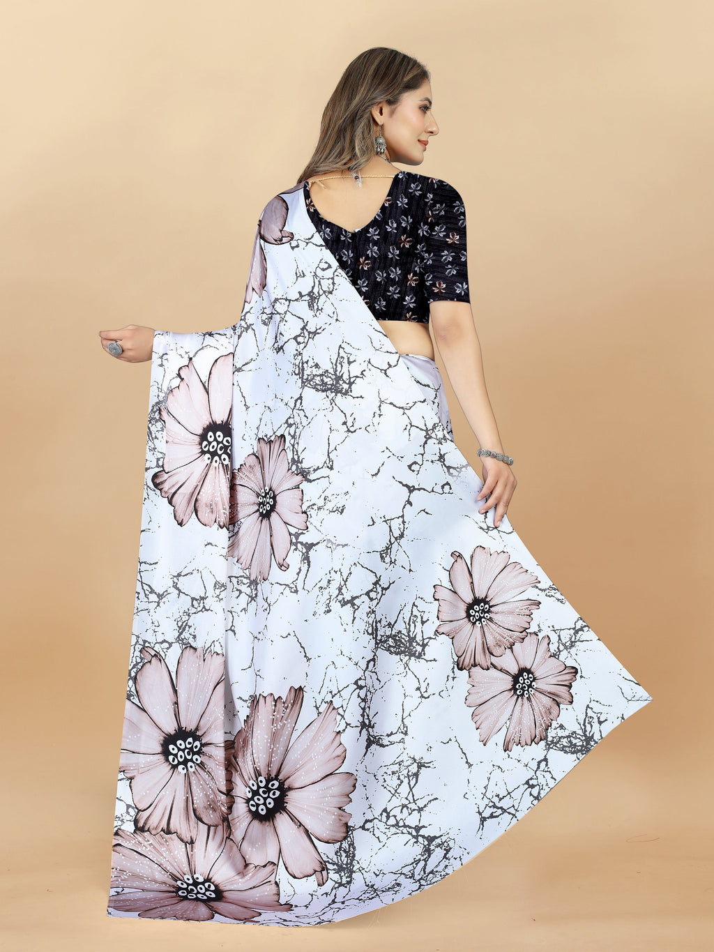 Vedant Vastram Digital Print Japan Satin Silk Party Wear Saree with Unstitched Blouse Piece - White | Grocsy