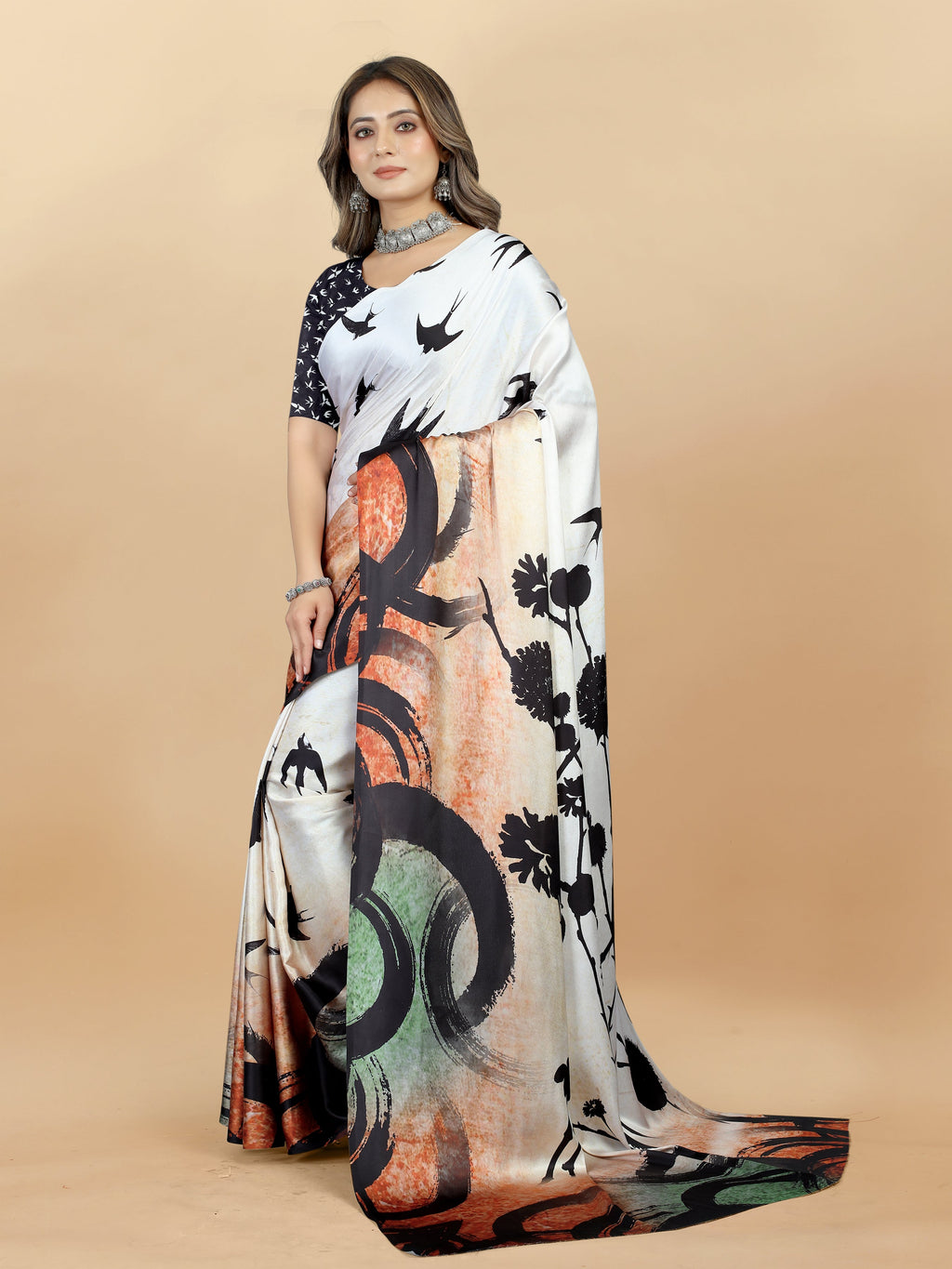 Vedant Vastram Digital Print Japan Satin Silk Party Wear Saree with Unstitched Blouse Piece - Cream | Grocsy
