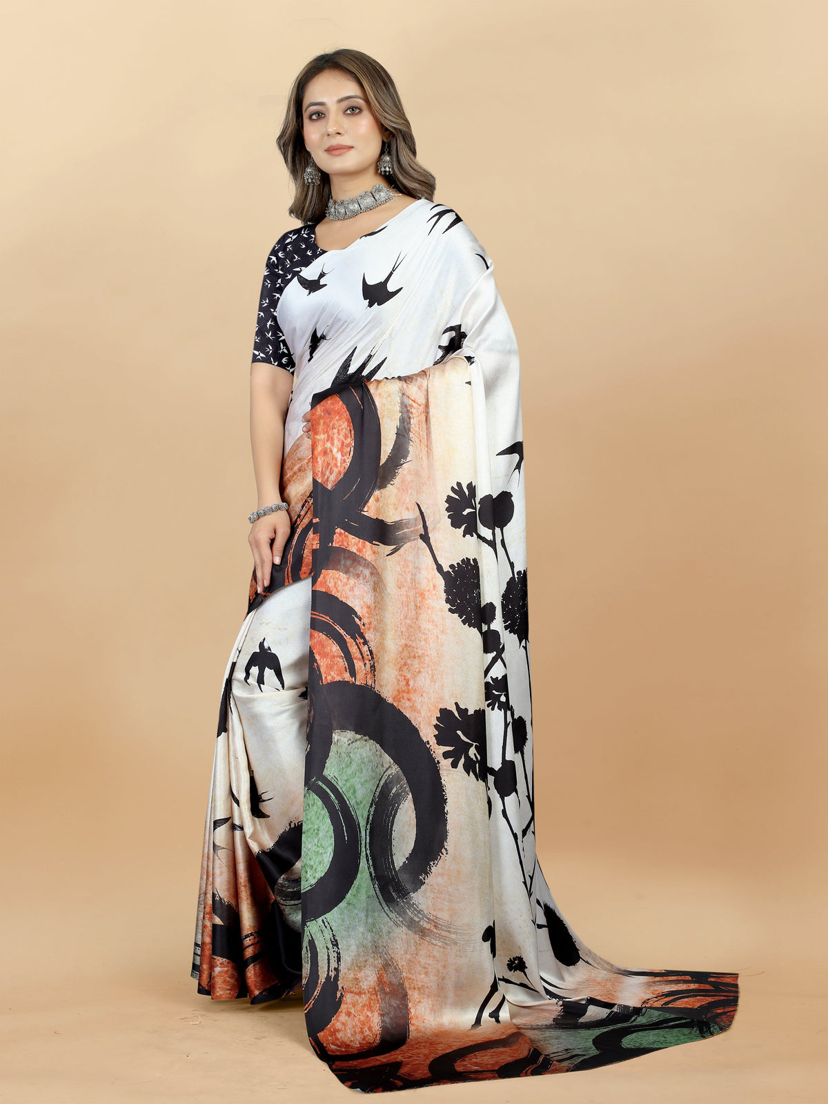 Vedant Vastram Digital Print Japan Satin Silk Party Wear Saree with Unstitched Blouse Piece - Cream | Grocsy