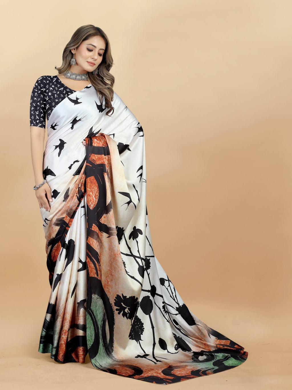 Vedant Vastram Digital Print Japan Satin Silk Party Wear Saree with Unstitched Blouse Piece - Cream | Grocsy
